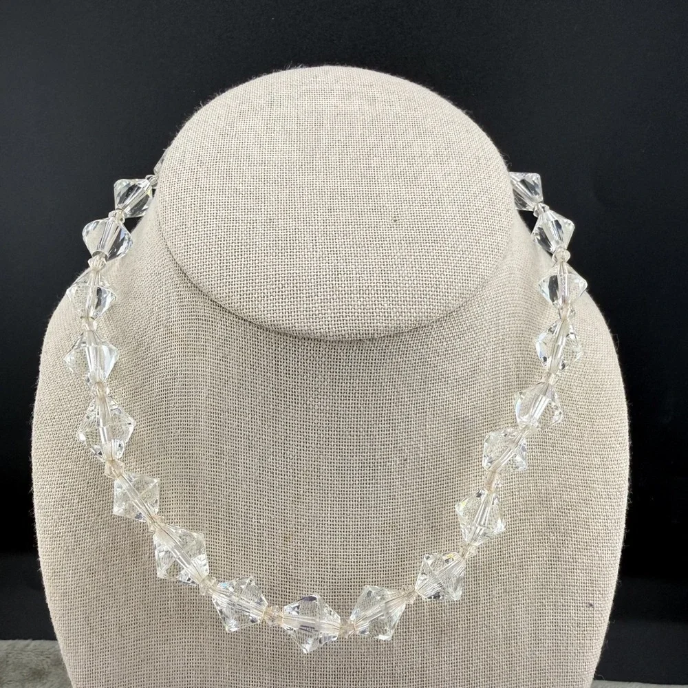 Vintage‎ Glass Beaded Necklace Clear Faceted Prom Wedding 16